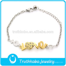 TKB-JB0007 Pulseras y brazaletes de acero de titanio 316L más vendidos en dos tonos con corazón de diamante artificial y amor de palabra para los amantes